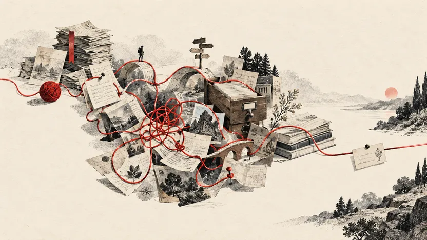 A red thread winds through a landscape of papers, maps, and filing drawers.