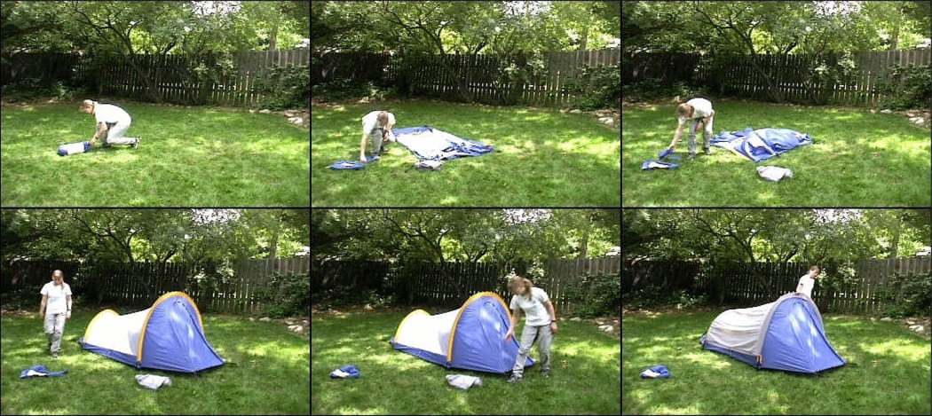 Six video frames of a person pitching a tent in a backyard, one frame per event boundary.
